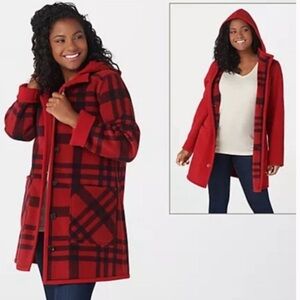 Susan Graver Reversible Red/Black or Red Polar Fleece Coat with Hood L EUC
